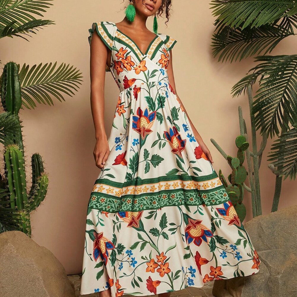 Green Boho Tropical Print V-Neck Cap Sleeve Backless Women's Dress - Picture 3 of 7